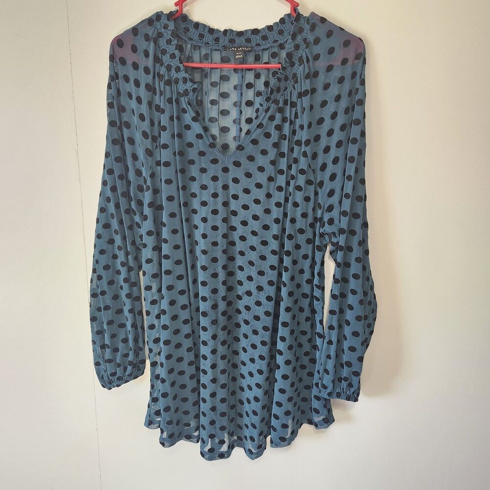 Lane Bryant Teal Sheer Polka Dot Blouse Ruffle V Neck Long Sleeve Plus 18/20